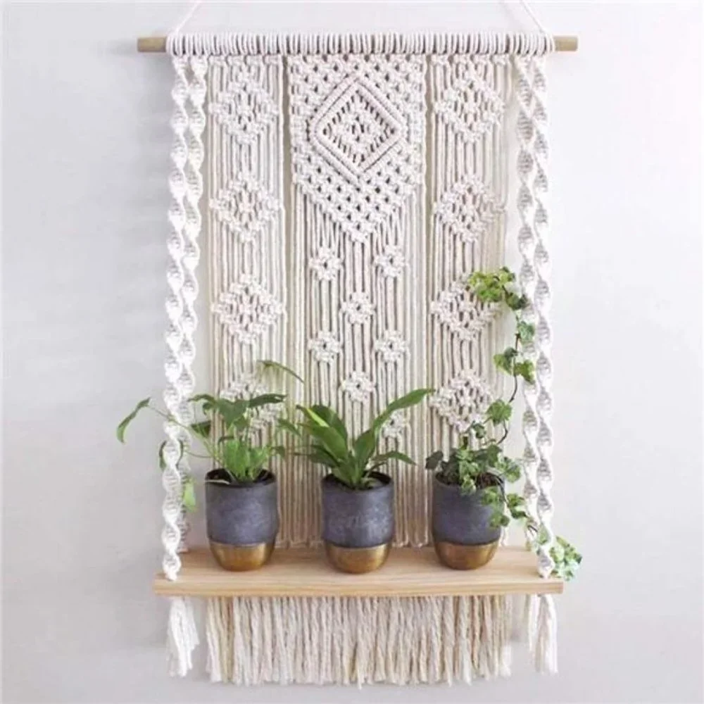 Macrame Wall Hanging Shelf Boho Rope Plant Pot Basket Holder Plant Hanger Indoor